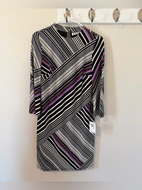Trina Turk Merry Stripe 3/4 Sleeve Shift Dress Black White Size XS
